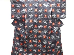 井桁に波・鶴模様織り出し手織り紬着物